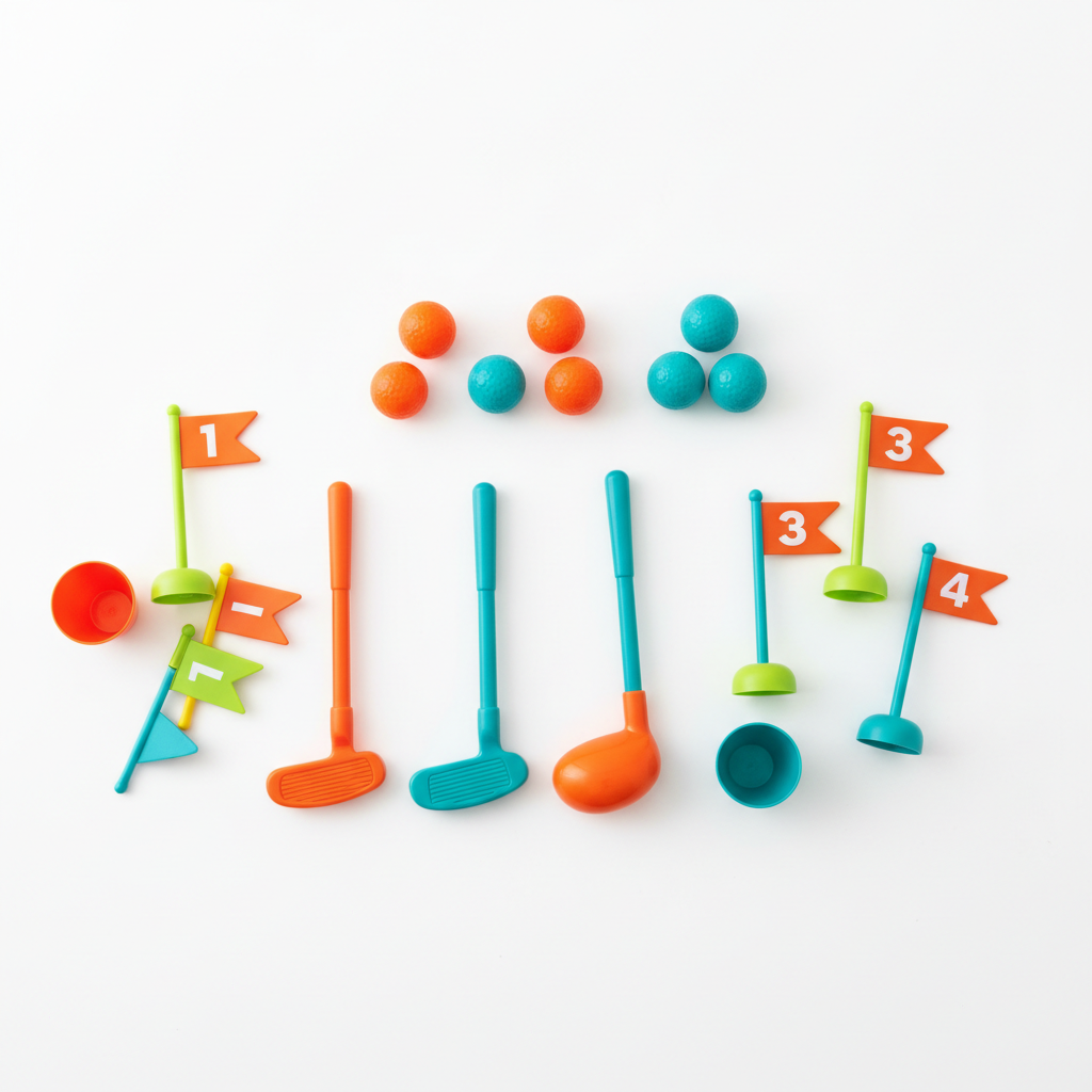 Flat lay of B. Toys Hole-in-Fun golf set contents — clubs, balls, putting cups and numbered flags — More4less Outlet