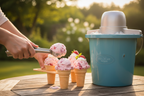 Scooping homemade strawberry ice cream into waffle cones on rustic garden table with Nostalgia ice cream maker in background
