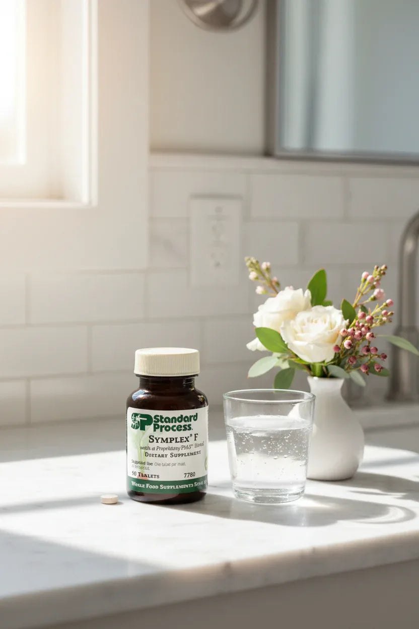 Standard Process Symplex F female health supplement bottle on white marble vanity with glass of water and fresh flowers