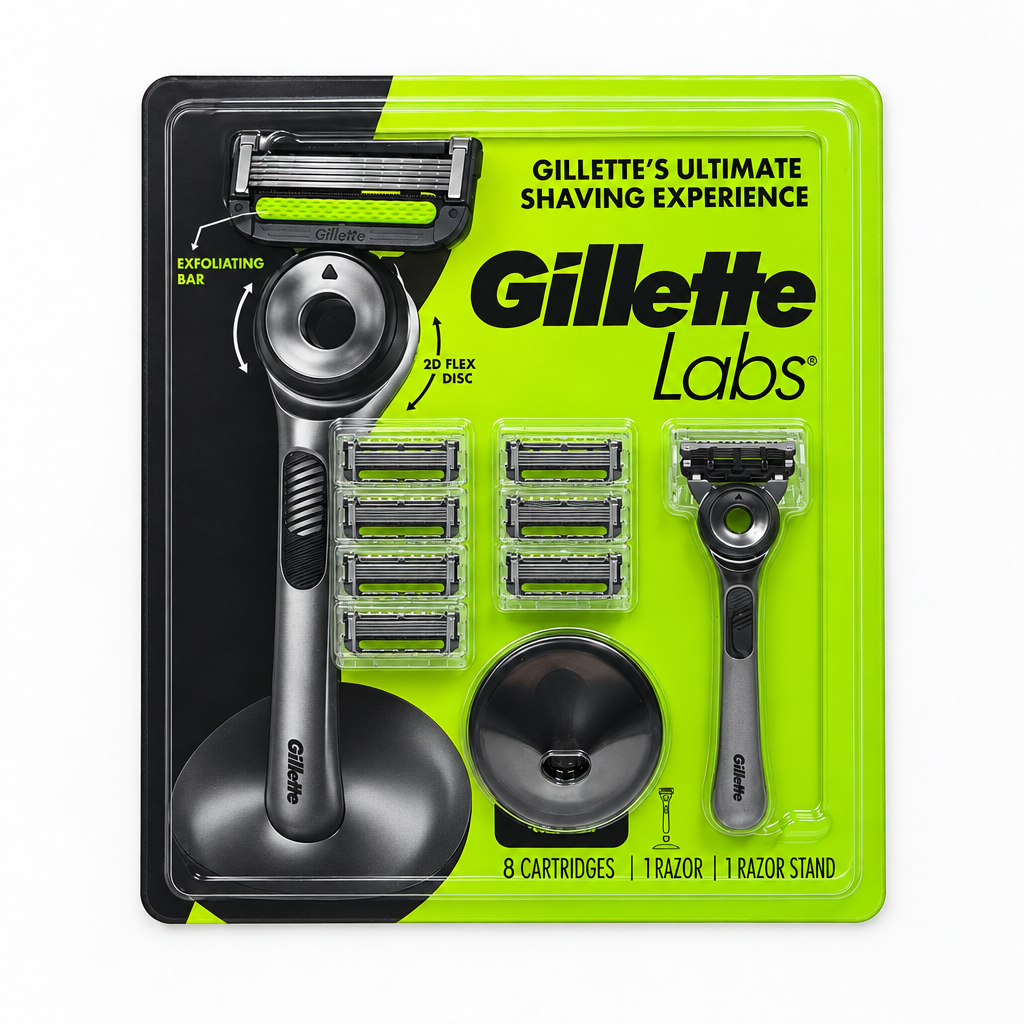 GilletteLabs razor kit retail package viewed from directly above on a white background