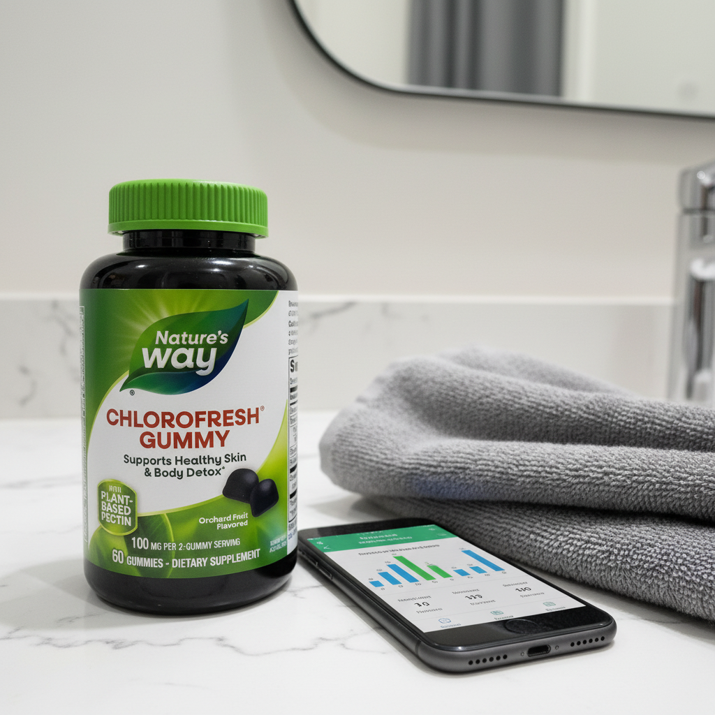 Nature's Way Chlorofresh Gummies bottle on bathroom quartz vanity with soft grey hand towel and black smartphone displaying daily fitness log