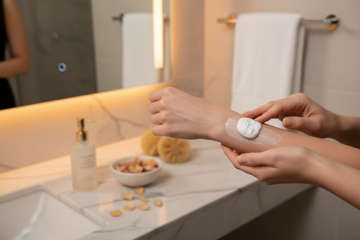 Woman applying rich whipped body cream to her arm