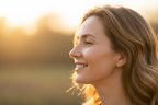 Close-up of woman with radiant luminous skin outdoors during golden hour