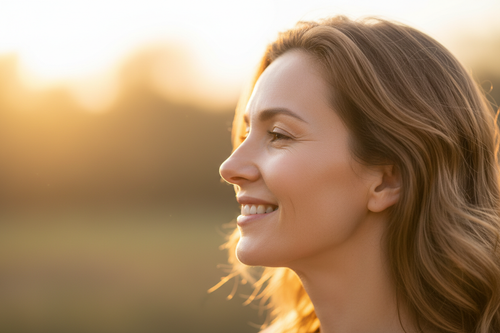 Close-up of woman with radiant luminous skin outdoors during golden hour