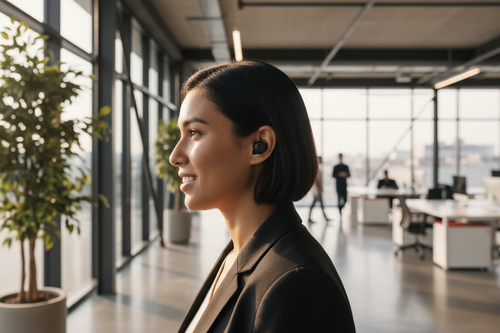 Person wearing discreet black wireless earbud walking through bright modern office