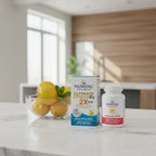 Professional wellness space with Nordic Naturals omega-3 D3 soft gel supplement containers on white stone
