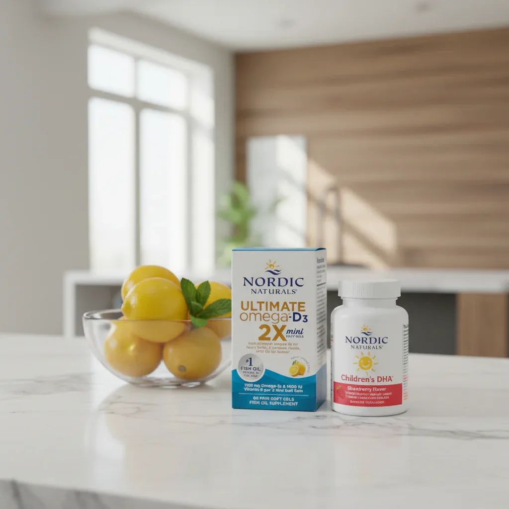 Professional wellness space with Nordic Naturals omega-3 D3 soft gel supplement containers on white stone