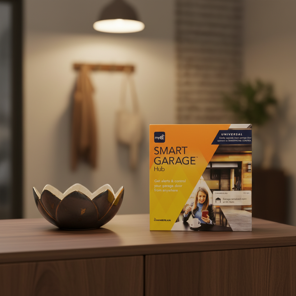Chamberlain MyQ Smart Garage Hub retail box next to designer key bowl on modern entryway wood table with warm coming home lighting