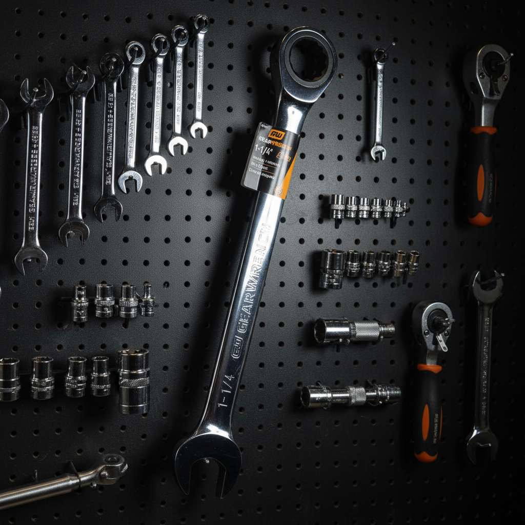 GEARWRENCH 1-1/4 inch ratcheting combination wrench displayed on a dark gray pegboard tool wall