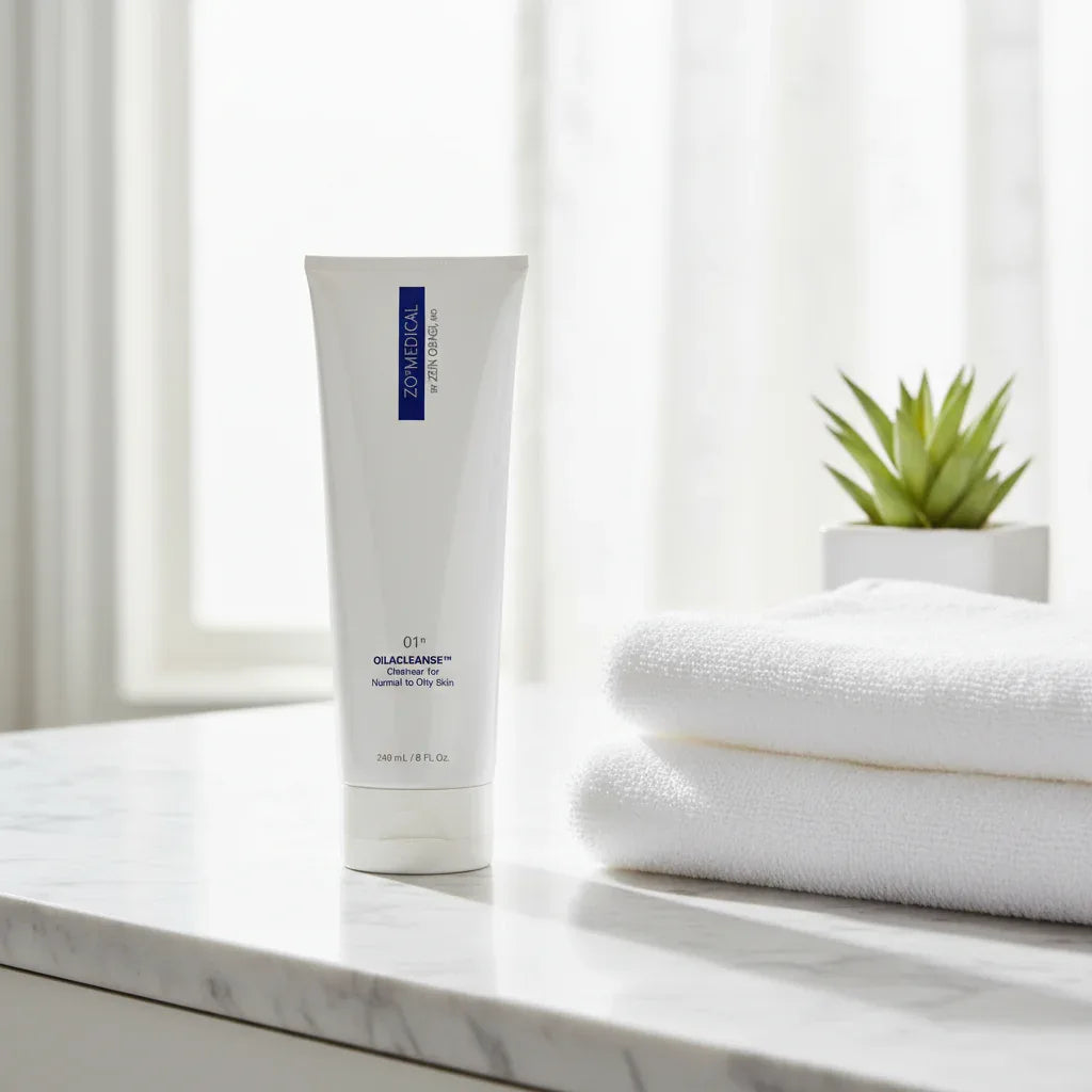 ZO Medical Oilacleanse cleanser on white marble bathroom vanity with soft morning sunlight spa aesthetic