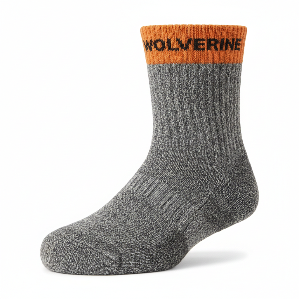 Wolverine merino wool boot socks close-up cushioned footbed reinforced heel toe orange cuff grey marl detail - More4less Outlet