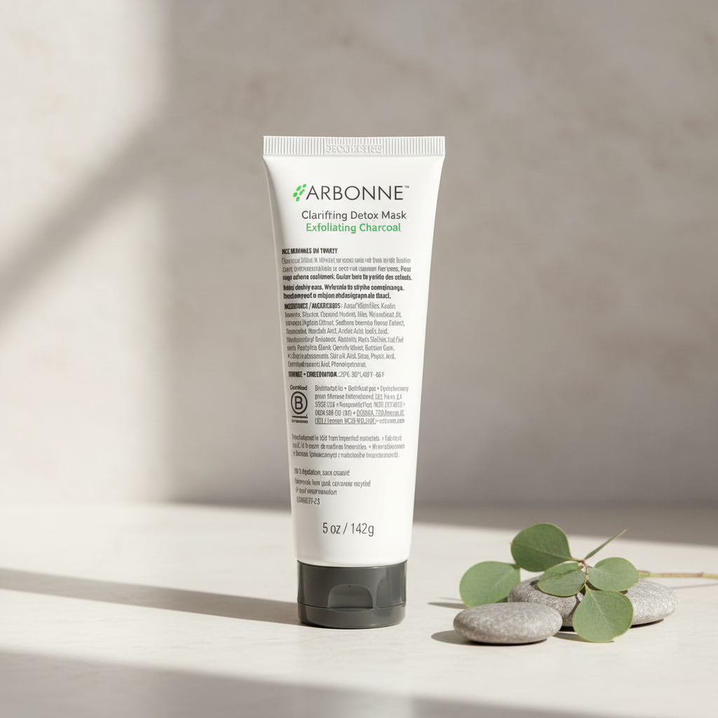 Arbonne Clarifying Detox Mask with Exfoliating Charcoal 5 oz on a neutral skincare vanity