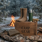 Two pairs earth brown heathered merino wool crew socks arranged on hunting camp wooden crate with camo gear and thermos cold weather atmosphere