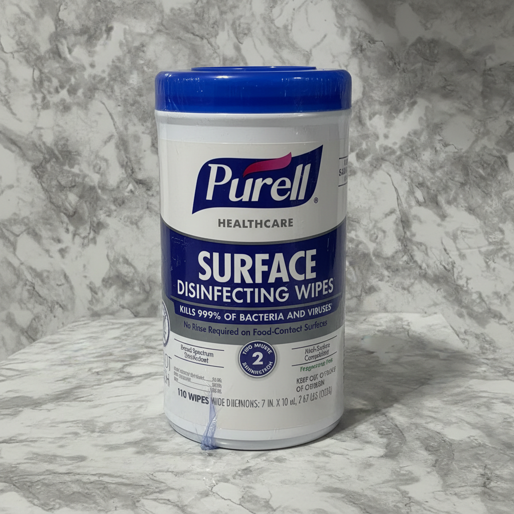 Studio product photograph of Purell Healthcare Surface Disinfecting Wipes canister on grey marble background
