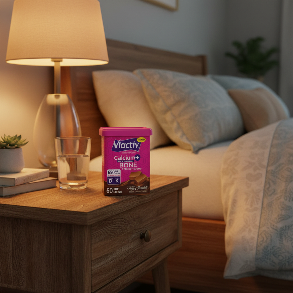 Viactiv Calcium+ Max Formula 60 soft chews on a wooden nightstand next to a glass of water in a cozy bedroom