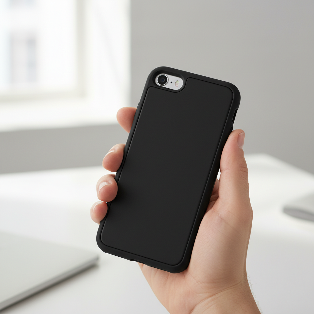 iPhone SE with slim black OtterBox Commuter case installed showing slim profile and precise camera cutout