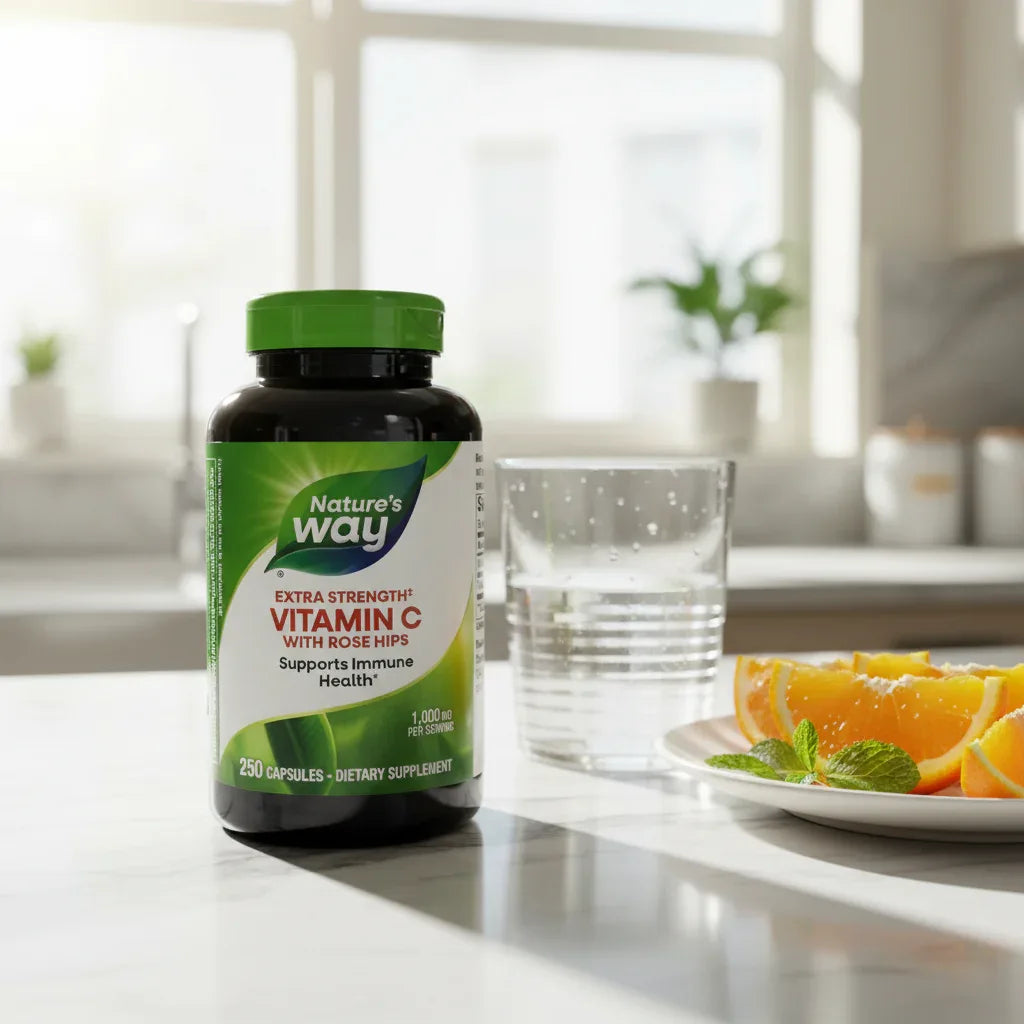 Nature's Way Vitamin C 1000mg bottle on quartz breakfast bar with fresh glass of water and plate of sliced oranges