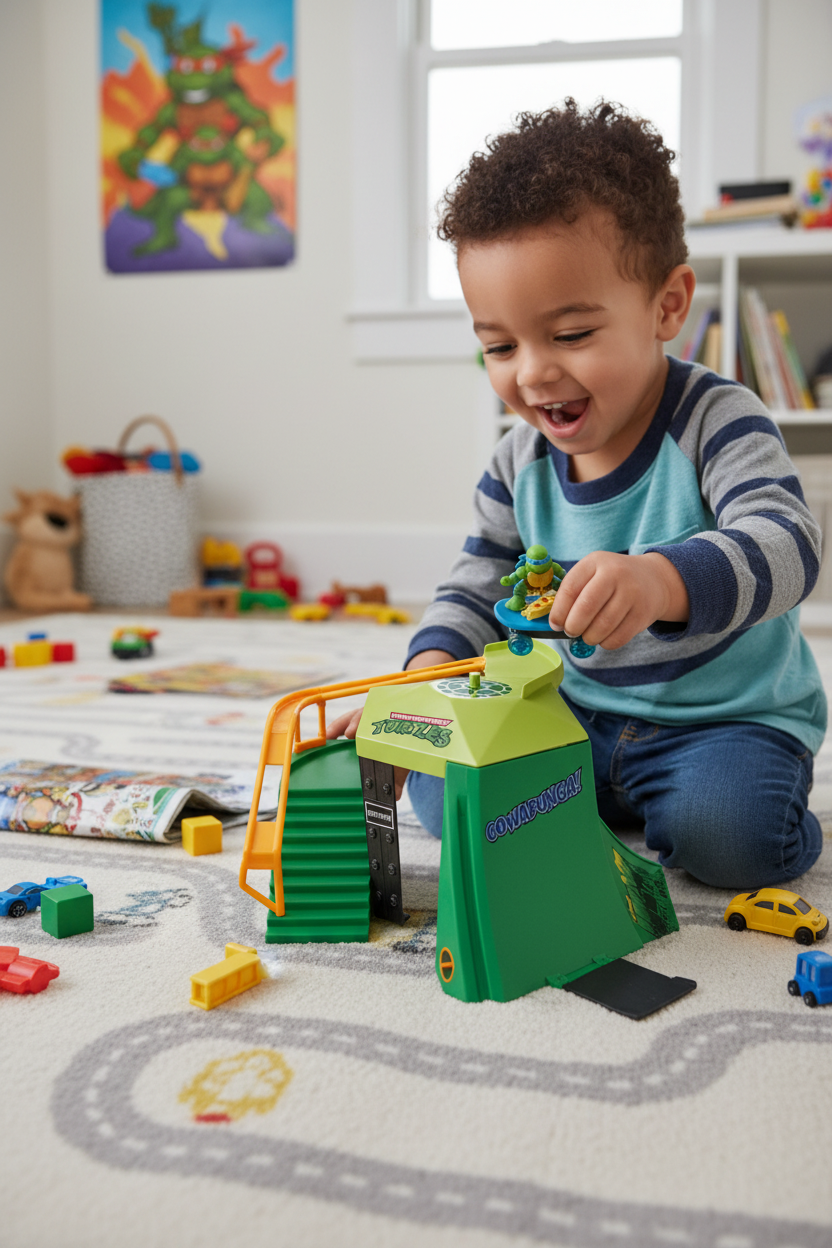 Young child playing with TMNT Mini Madness Skate Park on bedroom floor with excited expression