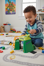 Young child playing with TMNT Mini Madness Skate Park on bedroom floor with excited expression