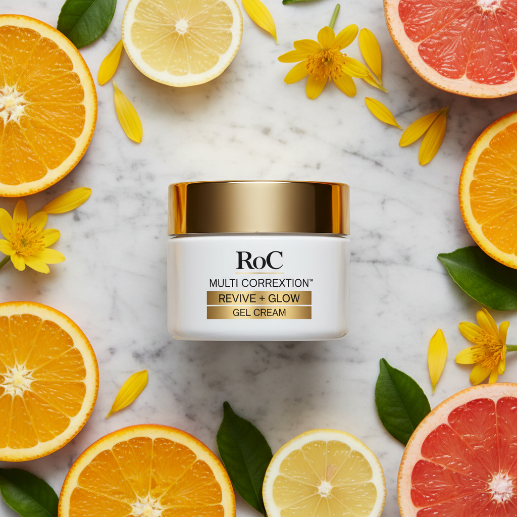 RoC Multi Correxion Revive + Glow Gel Cream on marble with citrus slices and yellow flower petals.
