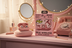 Bytech True Wireless Retro Earbuds pink on pastel vanity with vintage rotary telephone prop retro lifestyle – More4less Outlet