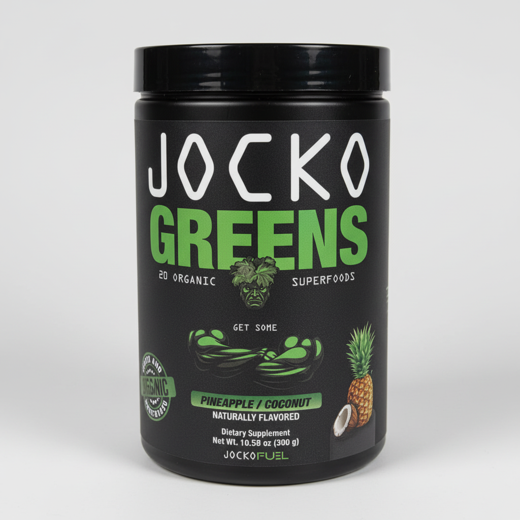 Jocko Fuel Jocko Greens Pineapple Coconut 300 g canister on a neutral background