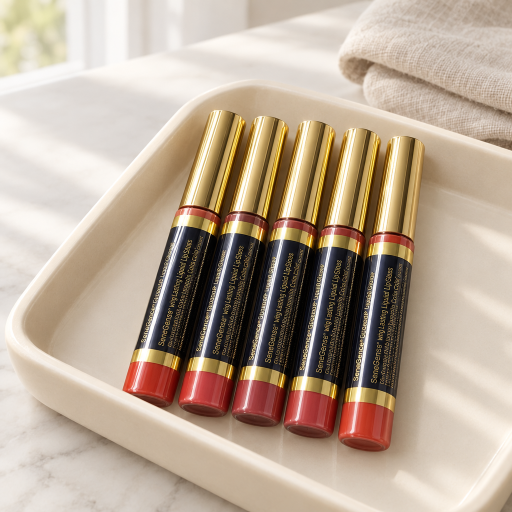 Sealed LipSense lip color wands displayed on a cream vanity tray in soft window light