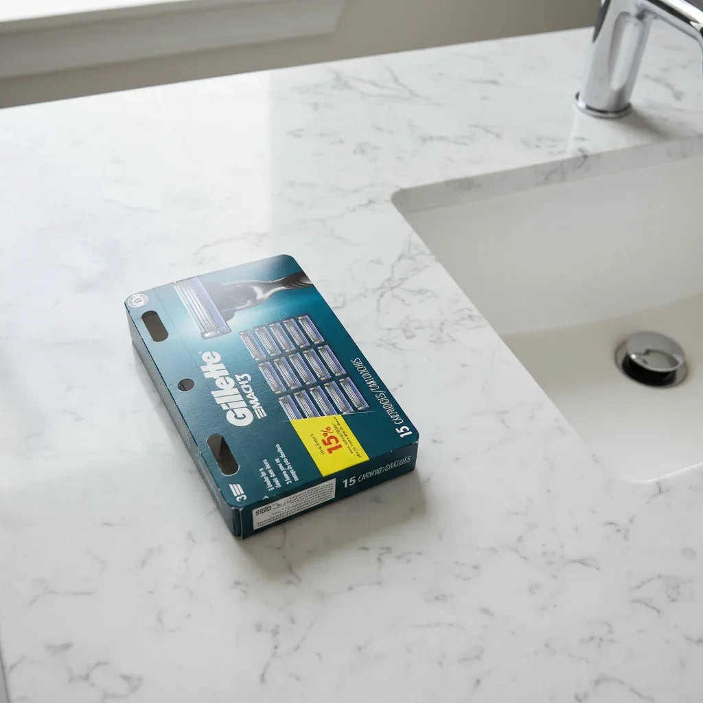 Gillette Mach3 15ct Razor Refills on marble bathroom countertop