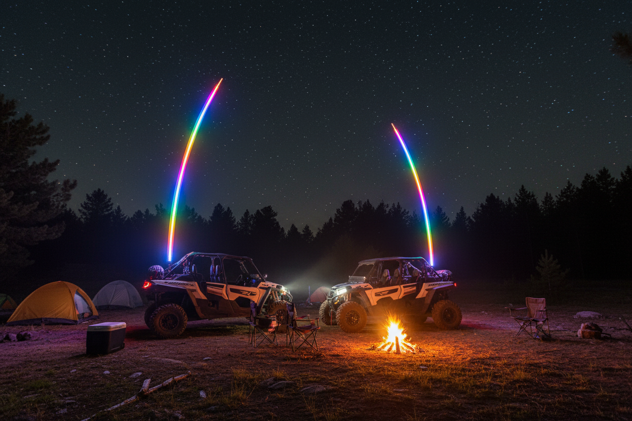 UTV side-by-sides at campsite with Alpena Brite Whip Flo multicolor LED whip lights glowing at night — off-road adventure lighting