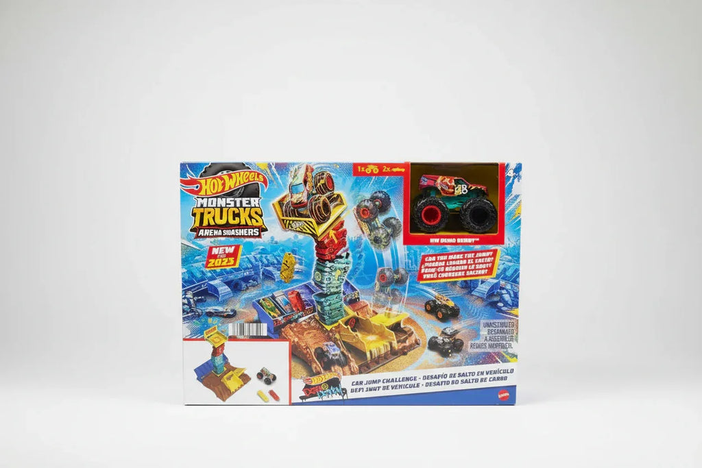 Minimalist studio setup of Hot Wheels Monster Trucks Car Jump Challenge playset