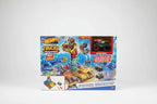 Minimalist studio setup of Hot Wheels Monster Trucks Car Jump Challenge playset