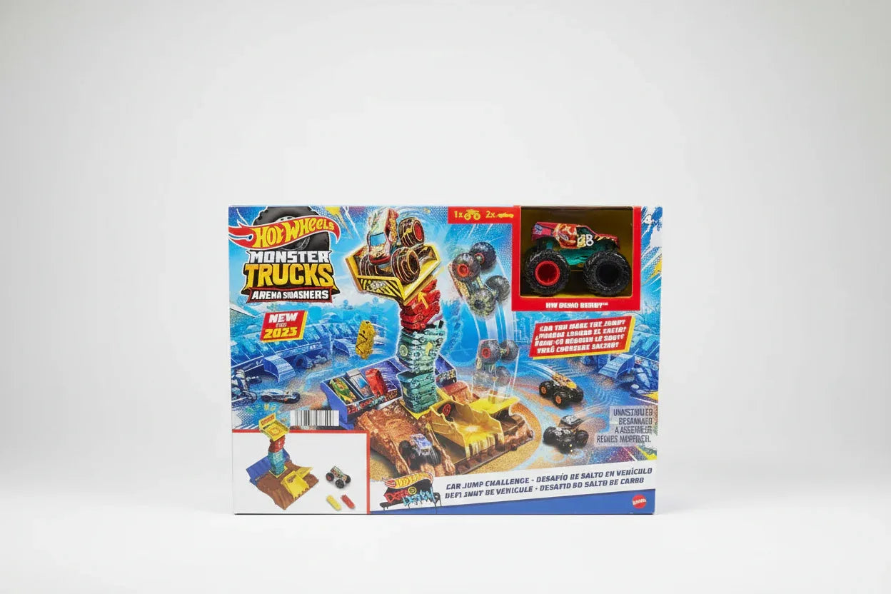Minimalist studio setup of Hot Wheels Monster Trucks Car Jump Challenge playset