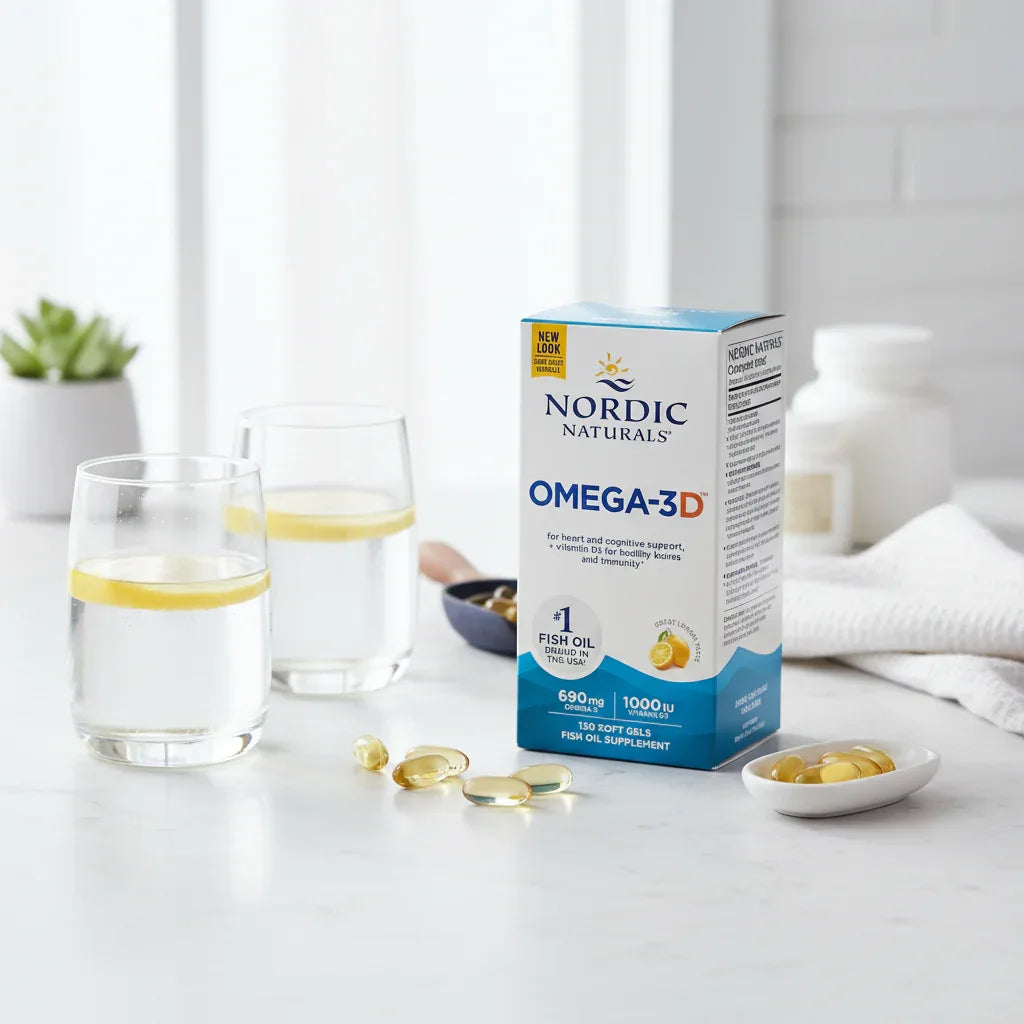 Bright clean lifestyle shot displaying health and wellness omega-3 supplement box on white stone surfaces