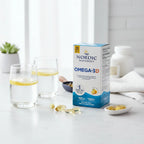 Bright clean lifestyle shot displaying health and wellness omega-3 supplement box on white stone surfaces