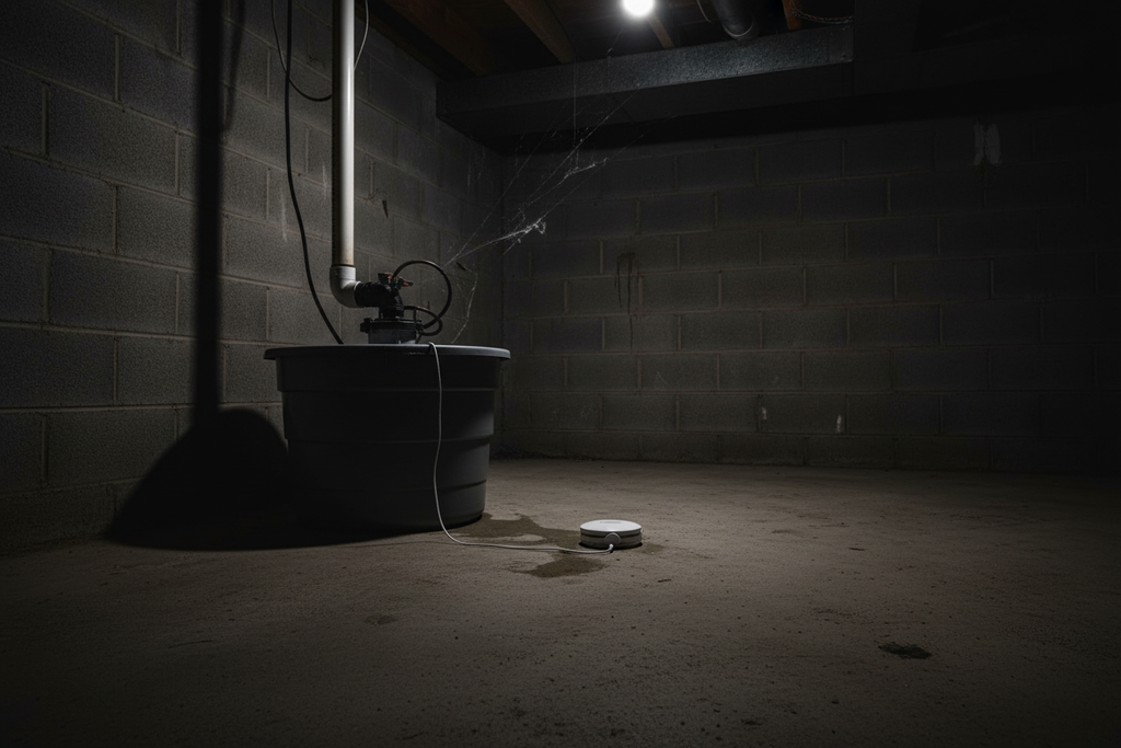 Merkury Innovations Smart Water Leak Sensor on basement floor near sump pump – smart home flood protection – More4less Outlet