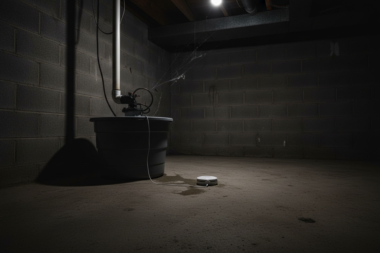 Merkury Innovations Smart Water Leak Sensor on basement floor near sump pump – smart home flood protection – More4less Outlet