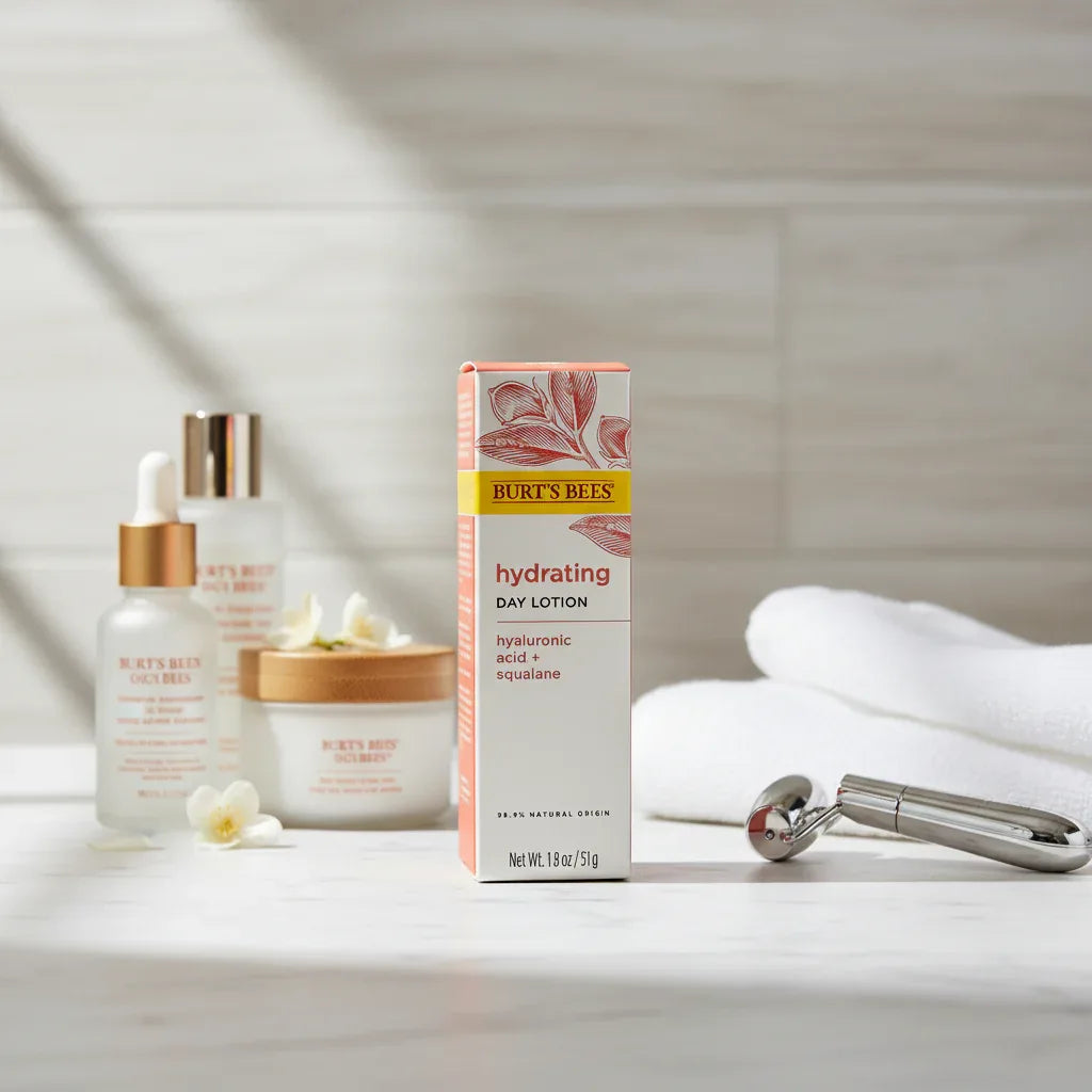 Burt's Bees Hydrating Day Lotion box alongside high-end face products in clean brightly-lit morning vanity setting against neutral bathroom background
