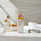Burt's Bees Hydrating Day Lotion box alongside high-end face products in clean brightly-lit morning vanity setting against neutral bathroom background