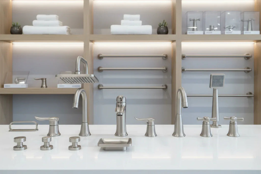 Organized bathroom renovation studio display featuring high-grade brushed nickel washroom components