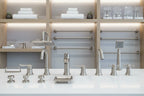 Organized bathroom renovation studio display featuring high-grade brushed nickel washroom components