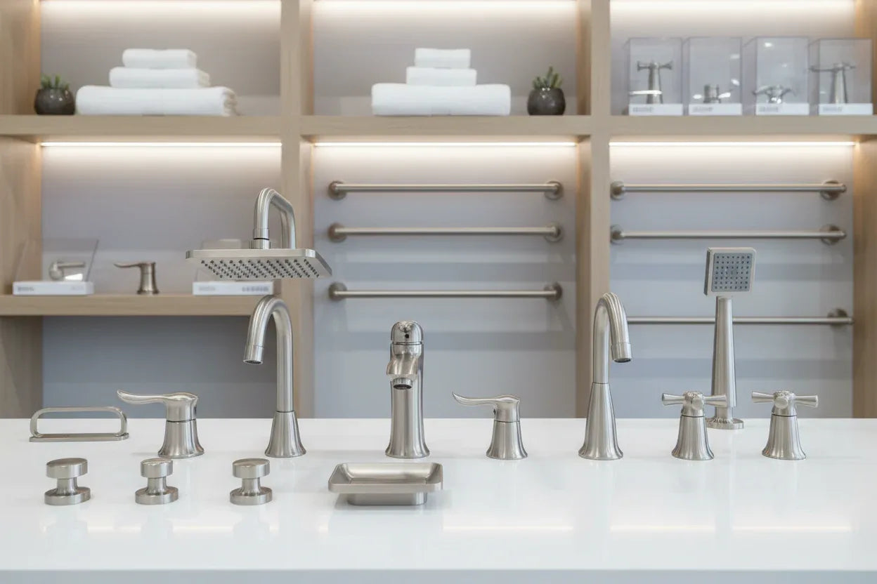 Organized bathroom renovation studio display featuring high-grade brushed nickel washroom components