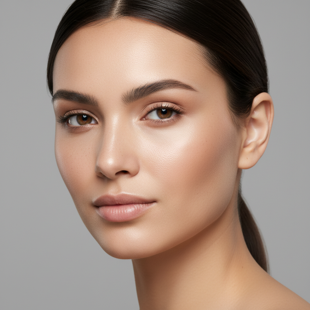 Close-up of a woman's smooth, balanced, matte-finish complexion with healthy glowing skin