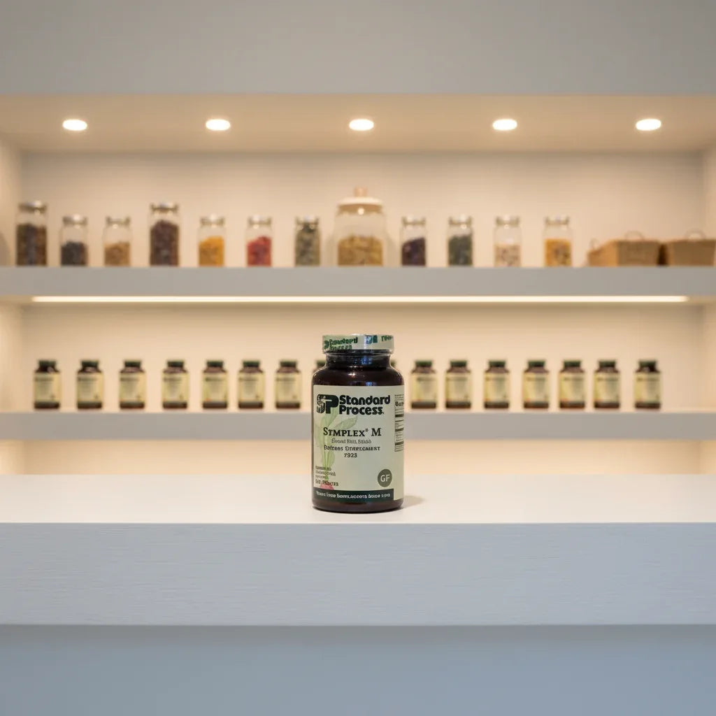 Standard Process Symplex M male health supplement on white oak floating shelf in professional health pantry with recessed lighting