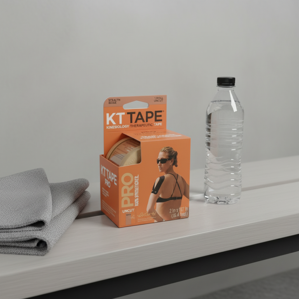 AI-generated contextual image of KT Tape Pro Beige (Stealth) 1 Uncut Roll beside a folded towel and plain water bottle