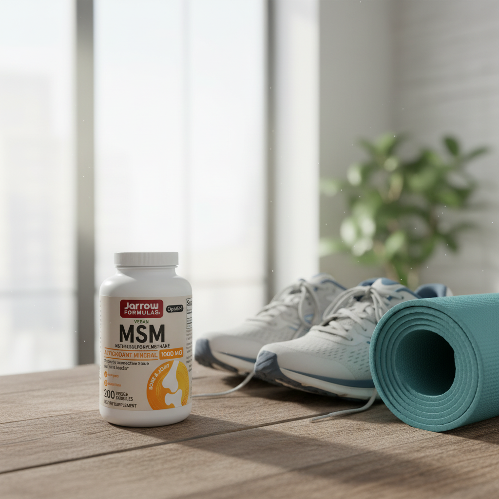 Jarrow Formulas Vegan MSM 1000mg supplement bottle on wooden surface with running shoes and yoga mat – joint health lifestyle