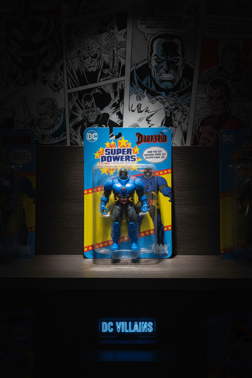 McFarlane Toys DC Super Powers Darkseid action figure in blister card on dark collector shelf with dramatic comic book lighting — More4less Outlet