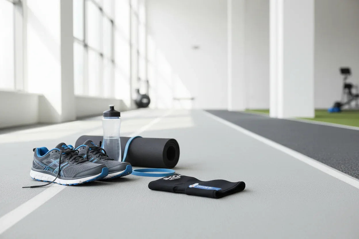 Active recovery fitness setup with Shock Doctor Flex Ice ankle compression sleeve