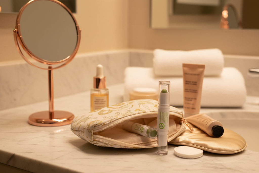 Mary Kay at Play dual-ended eye crayon in travel makeup pouch on hotel bathroom counter – on-the-go beauty lifestyle photography