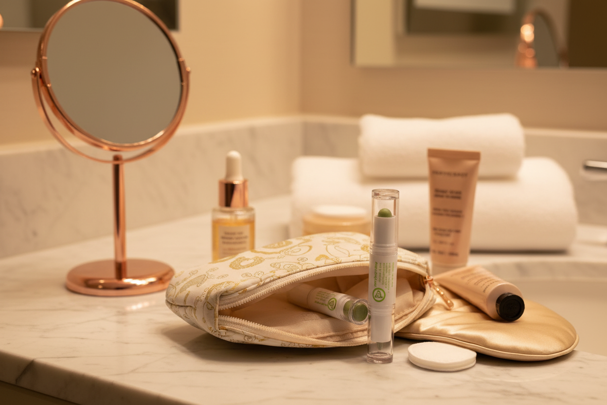 Mary Kay at Play dual-ended eye crayon in travel makeup pouch on hotel bathroom counter – on-the-go beauty lifestyle photography