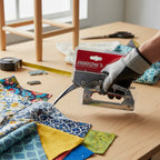 Arrow JT21 Stapler overhead view of DIY upholstery project with fabric swatches being held by hand